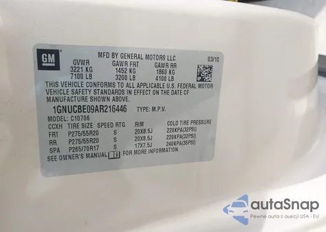 2010 Chevrolet Tahoe Lt из США, поврежденный, VIN 1GNUCBE09AR216446